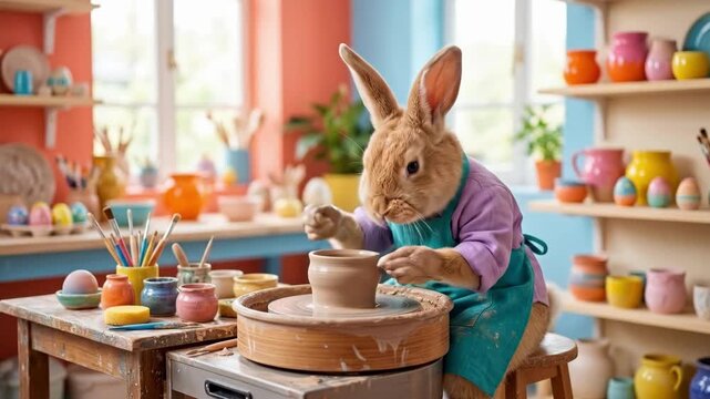 Adorable anthropomorphic rabbit potter shaping clay on pottery wheel in colorful studio filled with ceramics and easter eggs. Bunny artist creating handmade pots during spring holiday. Creative craft