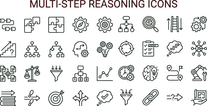 Multi step reasoning workflow outline icon set featuring decision analytics strategy optimization process interface symbols for productivity dashboards platforms