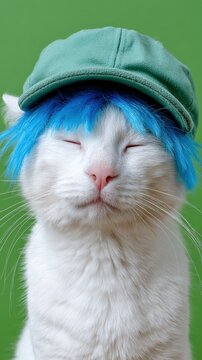 White cat with blue wig and green cap against green background