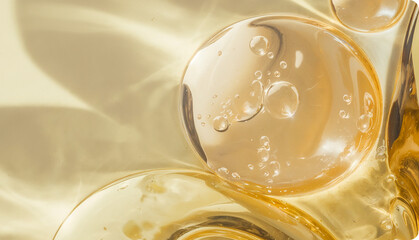 Abstract golden liquid with light reflections and tiny air bubbles.