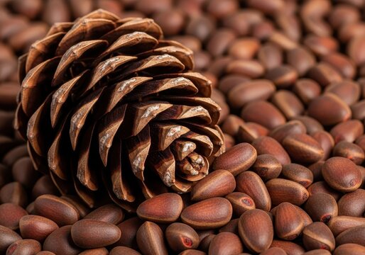 Close-up macro photograph of freshly harvested, rich brown pinyon pine nuts spilling abundantly from a large, open cone, macro, detail, natural