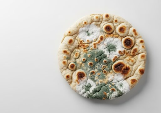 Close up image of a stale or slightly spoiled flatbread showing discoloration, suggesting an unpleasant fermented or acidic flavor, flatbread, dangerous, mold