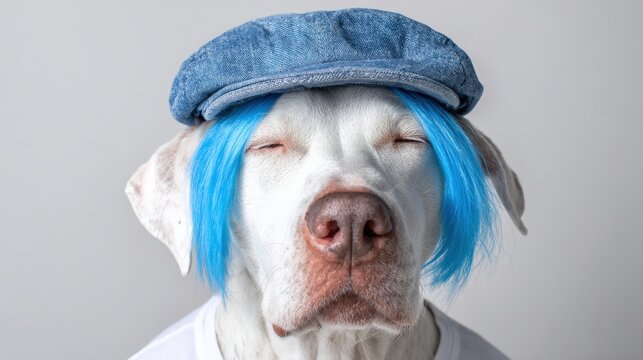 Dog with blue wig and flat cap in quirky portrait