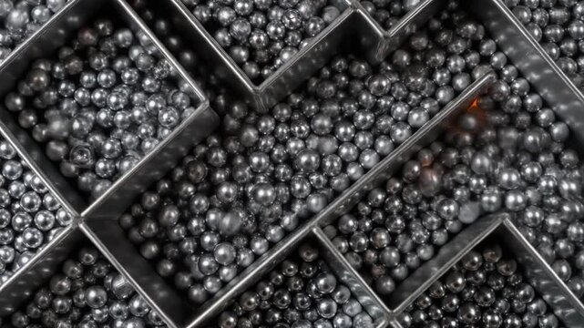Polished metallic spheres tumbling within a segmented industrial grid container showing fast motion action in this high quality abstract digital stock video footage