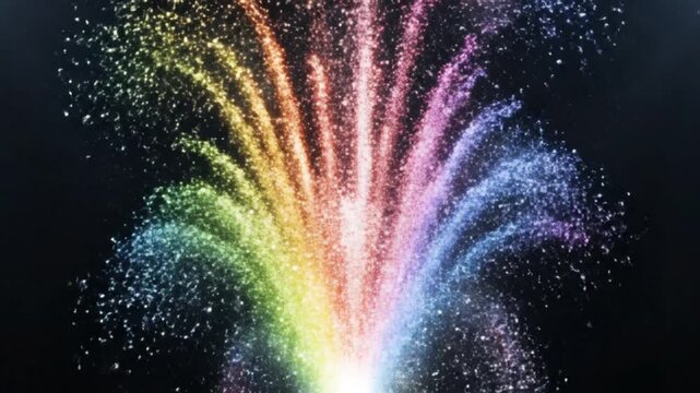 Vibrant rainbow colored particles exploding upwards in a dazzling fountain of light against a dark background, creating an abstract visual effect.