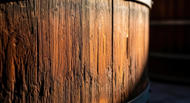 Sunlight illuminates the rough, aged wood staves of a massive fermentation vat, showcasing decades of use and the rich history of traditional processing, aging, staves, vessel