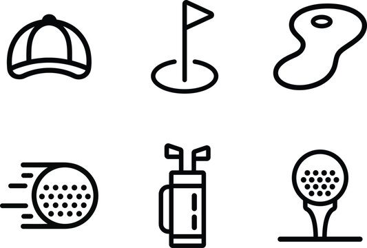 Collection of six simple line art golf icons representing different elements of the sport for a clean design