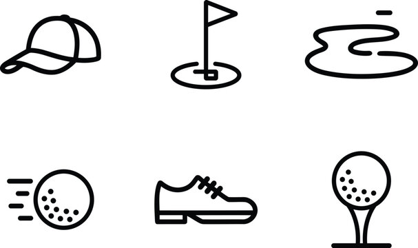 Collection of black line art golf icons including a cap hole with flag water hazard ball in motion shoe and ball on tee isolated on transparent background