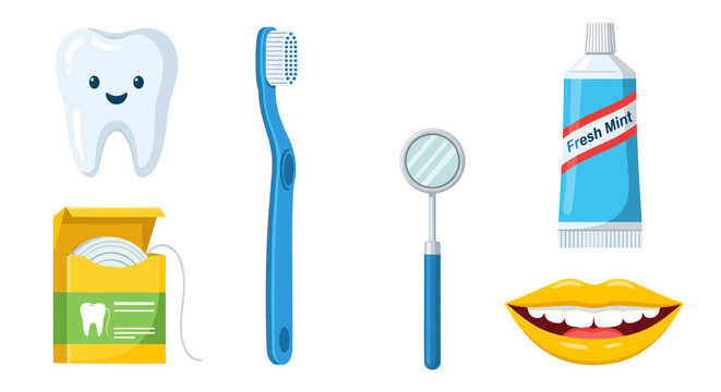 A colorful vector illustration of dental care items on a white background