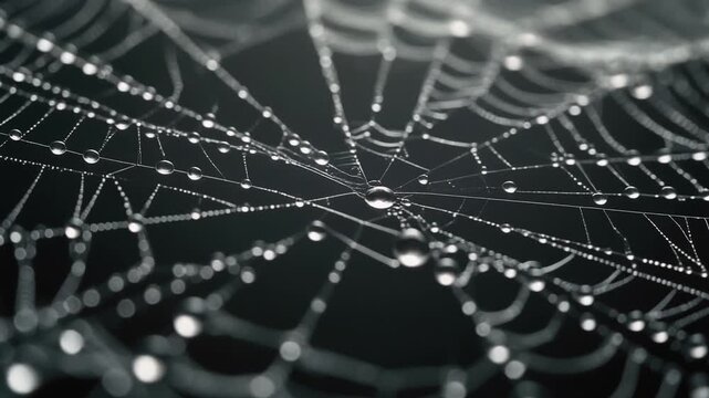 Intricate spider web glistening with morning dew drops swaying in the breeze captures a calm cinematic atmosphere for this artistic video footage
