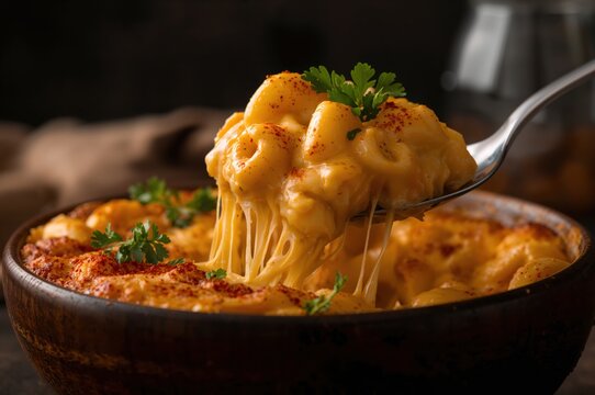 Golden baked mac and cheese with creamy texture and stretchy cheese pull