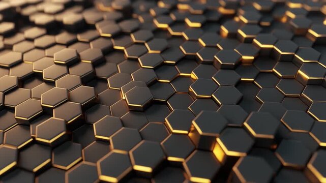 Glowing golden hexagonal tiles rising and falling in a rhythmic wave motion creating a dynamic dark metallic background for modern animation project