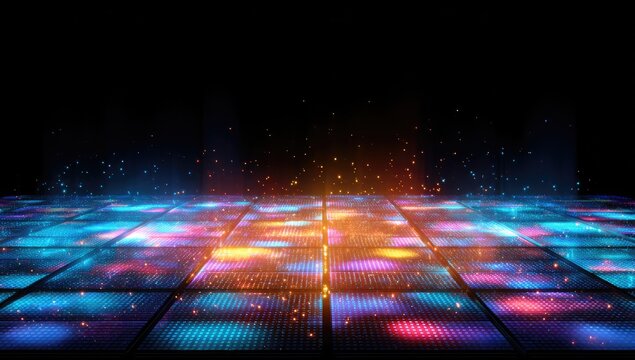 Illuminated dance floor with sparkling particles and dark background