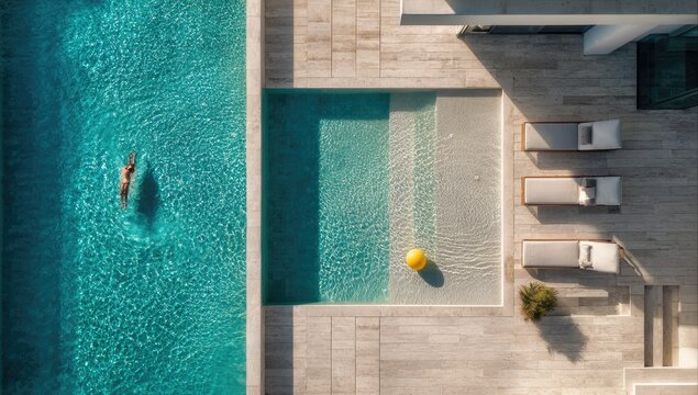Aerial view of a person swimming in a vibrant blue pool beside loungers
