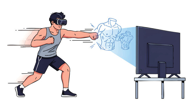 Man wearing VR headset punching out virtual boxing opponent from TV screen