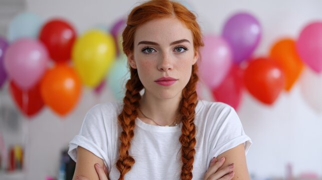 Young caucasian female with red hair standing in front of colorful balloons