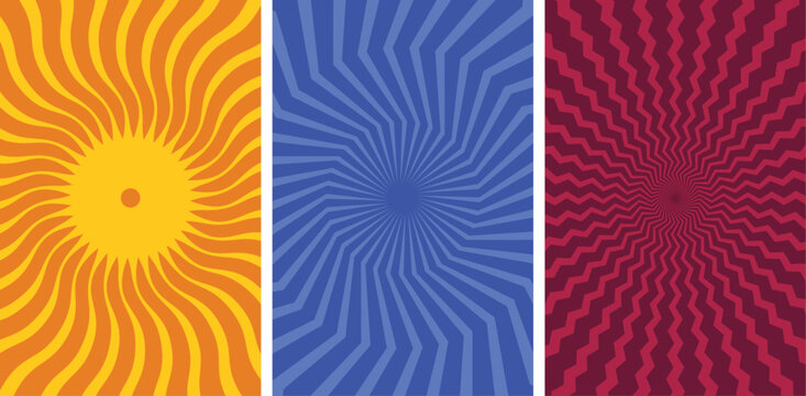 Set of three vibrant abstract radial optical art swirling patterns on colorful backgrounds