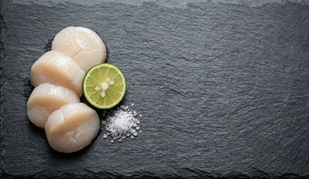 Top view flat lay of premium Japanese raw Hotate scallop sashimi with sea salt on a dark slate board