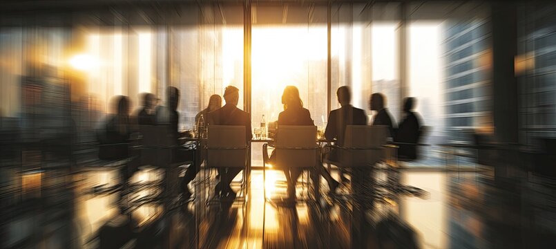 Silhouetted figures in a sunlit boardroom, suggesting a meeting