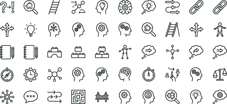 Cognitive reasoning workflow outline icon set featuring decision analytics thinking strategy logic interface symbols for productivity dashboards platforms