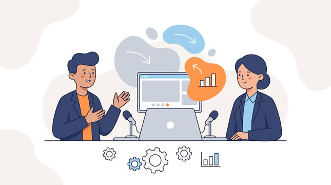 Cartoon illustration of podcast interview session on computer screen with speakers