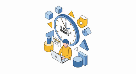 Fototapeta premium Isometric Illustration of Flexible Working Hours Concept with Person Using Laptop and Clock