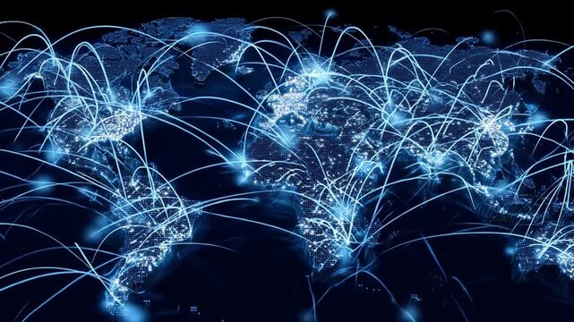 Global network connections on a digital world map illustrating internet, data flow, technology, communication, and business.