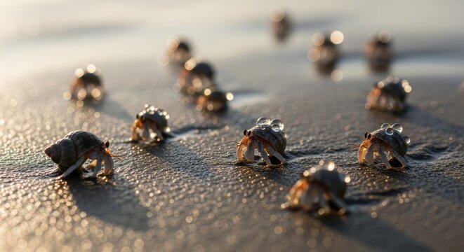 Hermit crabs scurry across wet sand during golden hour light with soft focus