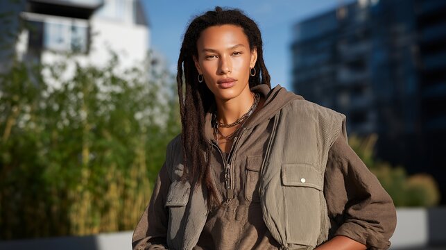 Nonbinary model posing for inclusive fashion campaign in urban setting, confident presence redefining commercial beauty standards and visual representation, ideal for fashion modeling inclusion