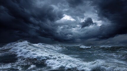 Fototapeta premium Dark and Stormy Sea with Wild Waves Under Ominous Sky Highlighting Nature's Raw Power and Unpredictable Beauty
