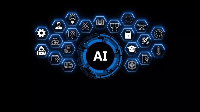 Futuristic Artificial Intelligence AI Concept with Digital Interface and Blue Neon Technology Icons.4k animation video.