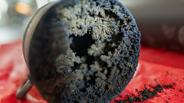 A section of a chimney pipe filled with soot.