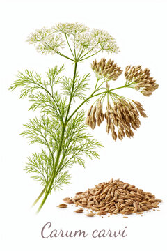 carum carvi plant with flowers and seeds isolated on white background botanical detail