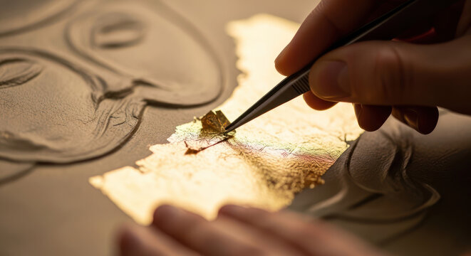 Gilding Expert Applies Delicate Gold Leaf to an Intricate Decorative Surface