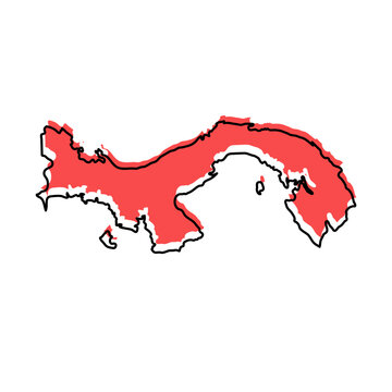 Panama map from black contour curves lines with a red shifted silhouette on white background