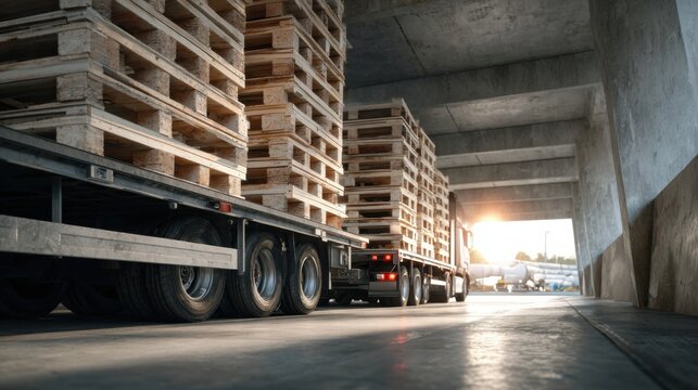 Heavy-duty truck trailer loaded with wooden pallets inside a warehouse at sunset, showcasing logistics and transportation.
