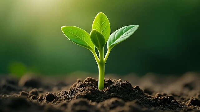 Small green sprout growing from dark soil representing new life and nature in this smooth slow motion digital animation video clip footage