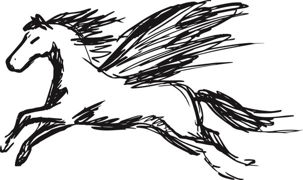 Black ink sketch of pegasus horse with wings flying fast in motion, fantasy mythical creature drawing