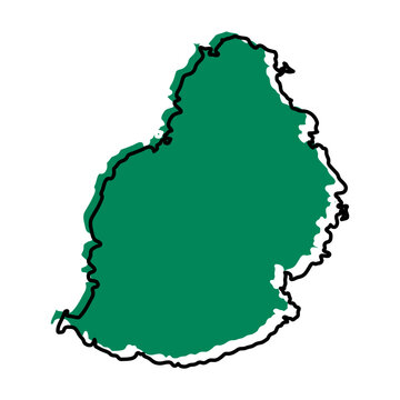 Mauritius map from black contour curves lines with a green shifted silhouette on white background