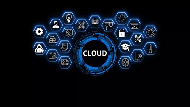 Futuristic Cloud Computing Concept with Digital Interface and Blue Neon Technology Icons.4k animation video.