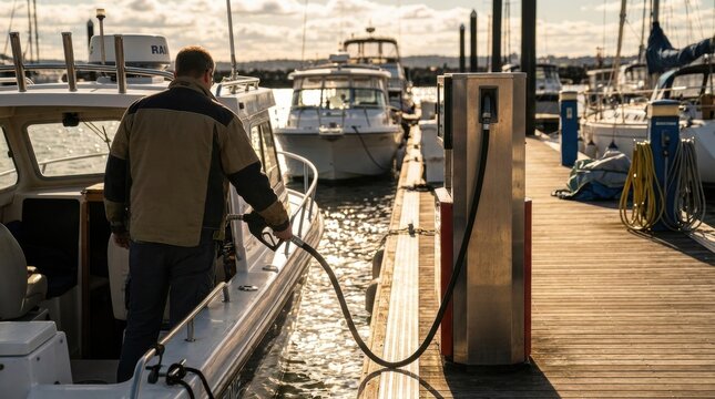 Man refueling a white boat with a fuel nozzle from a dockside pump at a sunny bustling marina