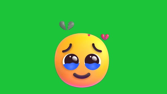 crying sad emoji with broken hearts expressing heartbreak emotion isolated on green screen background