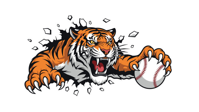 Fierce tiger mascot with sharp claws and bared teeth breaks through a wall while gripping a baseball in its paw.
