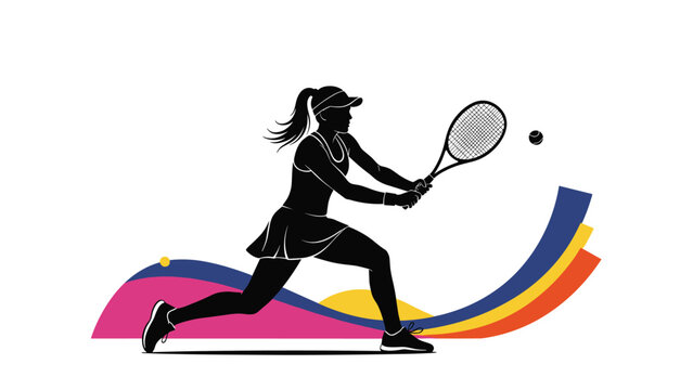 Female tennis player silhouette shown hitting a ball with a racket while colorful abstract waves flow behind her on white.