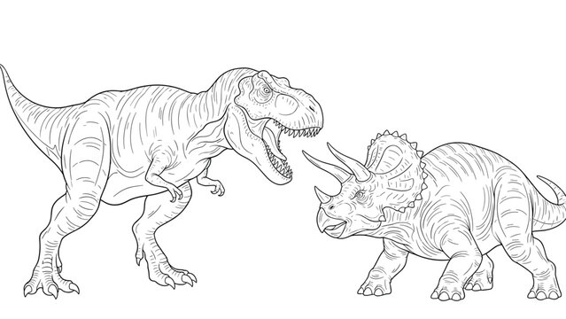 Detailed black and white outline drawing depicts a fierce tyrannosaurus rex confronting a triceratops in a prehistoric scene.