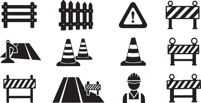 Road construction and safety icons set in black