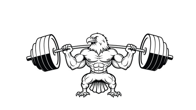 Black and white illustration shows a muscular eagle-headed athlete performing a heavy barbell squat with intense focus.