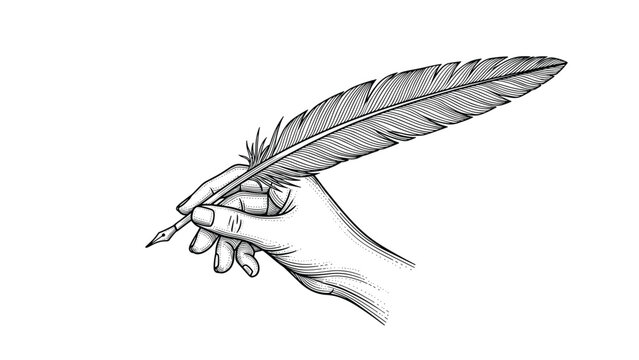 Detailed engraving style drawing depicts a hand gracefully holding a long feather quill pen in a writing position.