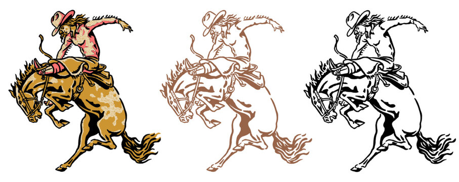 Vintage bucking horse and cowboy rodeo mascot, hand drawn wild west graphic style vector illustration for t-shirt design and branding apparel