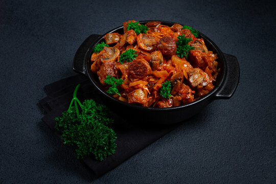 Bigos, bigus is a national Polish dish, made of cabbage and meat, stewed, homemade, no people,